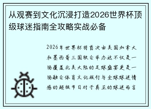 从观赛到文化沉浸打造2026世界杯顶级球迷指南全攻略实战必备